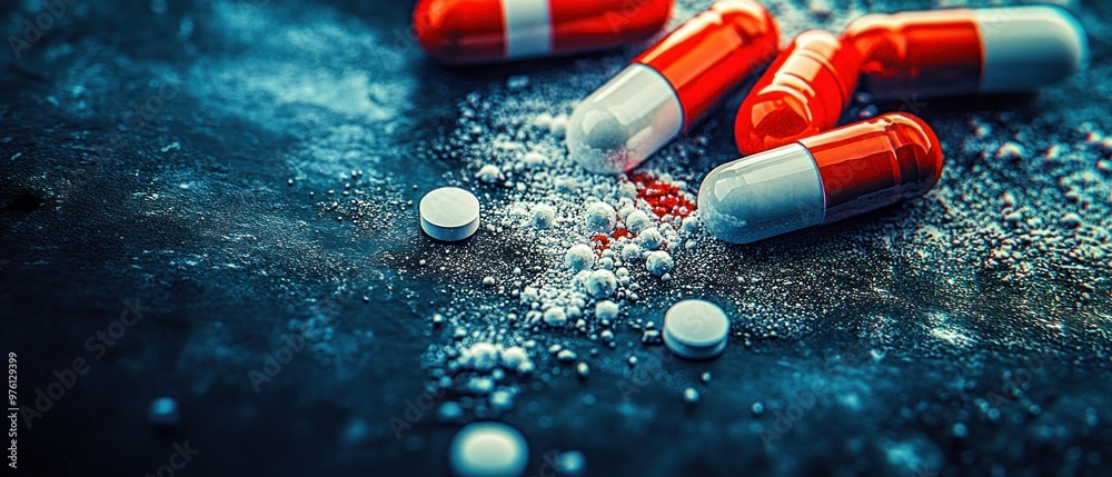 Red and White Capsules with Crushed Powder on Dark Surface Red and White Capsules with Crushed Powder on Dark Surface