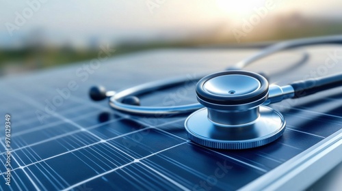 Stethoscope on Solar Panels Representing Renewable Energy and Healthcare