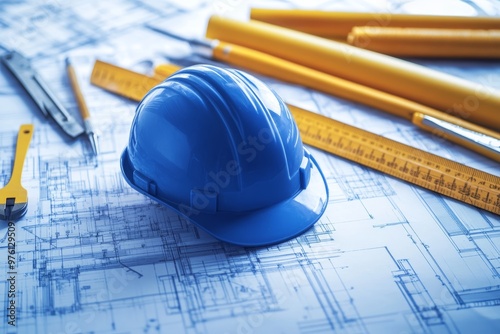Construction blueprint with safety helmet and tools for building project planning and design