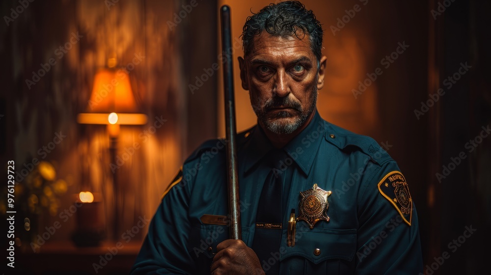 Police officer in uniformstanding firmly withdetermined expression,holding law enforcementbaton and badge,symbolizingauthoritative presence andenforcement action. Police officer in uniformstanding firmly withdetermined expression,holding law enforcementbaton and badge,symbolizingauthoritative presence andenforcement action.