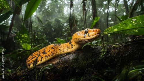 53. A dense, tropical jungle with a camouflaged golden lancehead snake coiled on a low branch photo