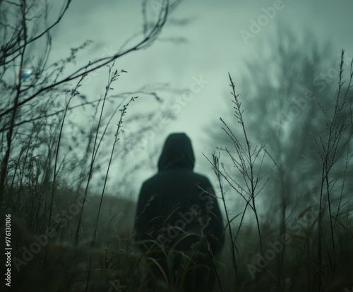 A person in a hooded jacket standing in a field of tall grass.