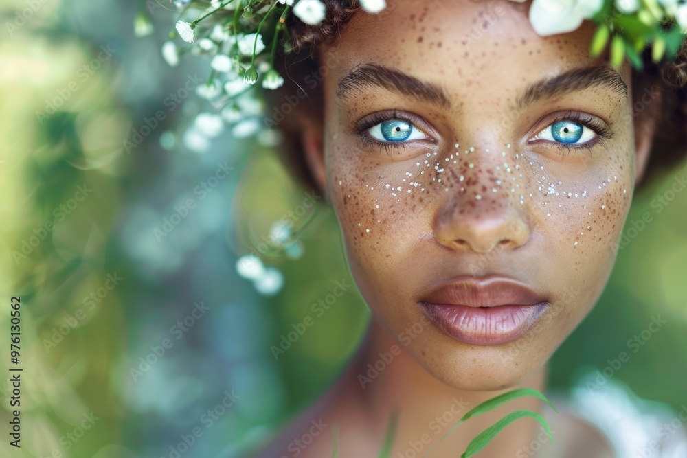 Portrait of a Woman with Freckles and Blue Eyes Wearing a Delicate Floral Crown in Natural Light
