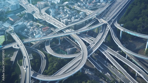 Aerial View of a Complex Interchange Under Construction with Multiple Layers of Roads in Urban Setting photo