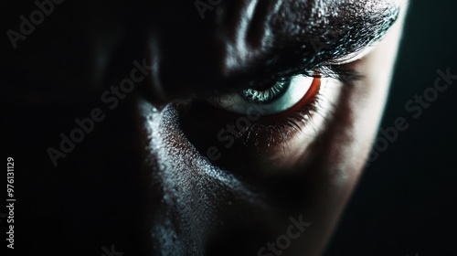 A close-up of an angry eye, showcasing intense emotion, frustration, and a sense of confrontation. This image symbolizes power, defiance, and the raw emotions of anger. photo