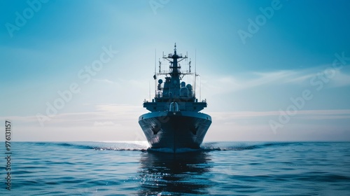 Naval ship cruising throughserene blue ocean underclear sky, showcasingmaritime strength andtranquility, central focus withslight background blur.