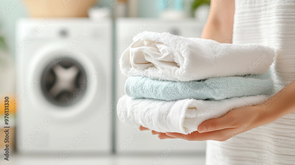 Fototapeta premium A person holding a stack of freshly folded towels in a laundry room, symbolizing cleanliness, order, and household chores.