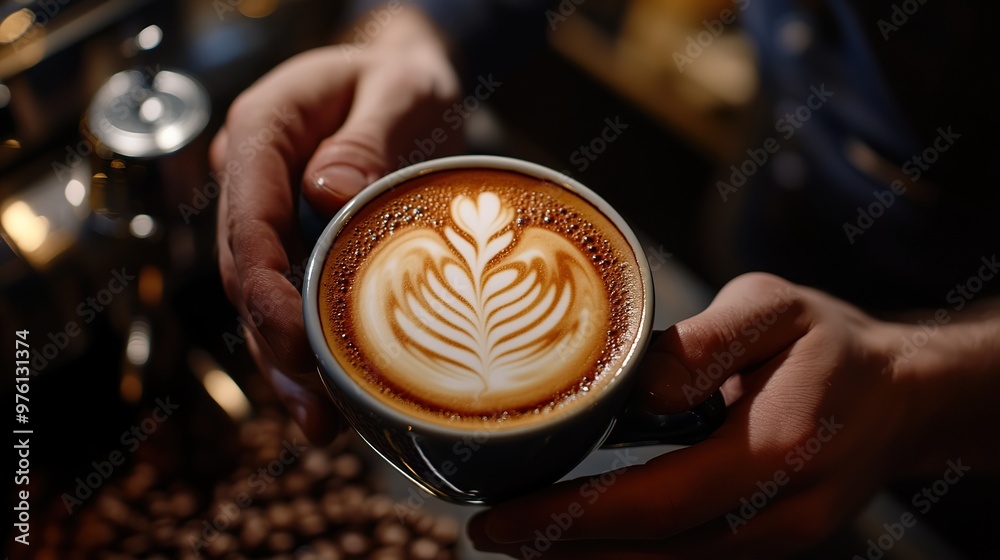 A barista showcasing a latte with a complex and artistic pattern, set against a backdrop of coffee beans and equipment. A barista showcasing a latte with a complex and artistic pattern, set against a backdrop of coffee beans and equipment.