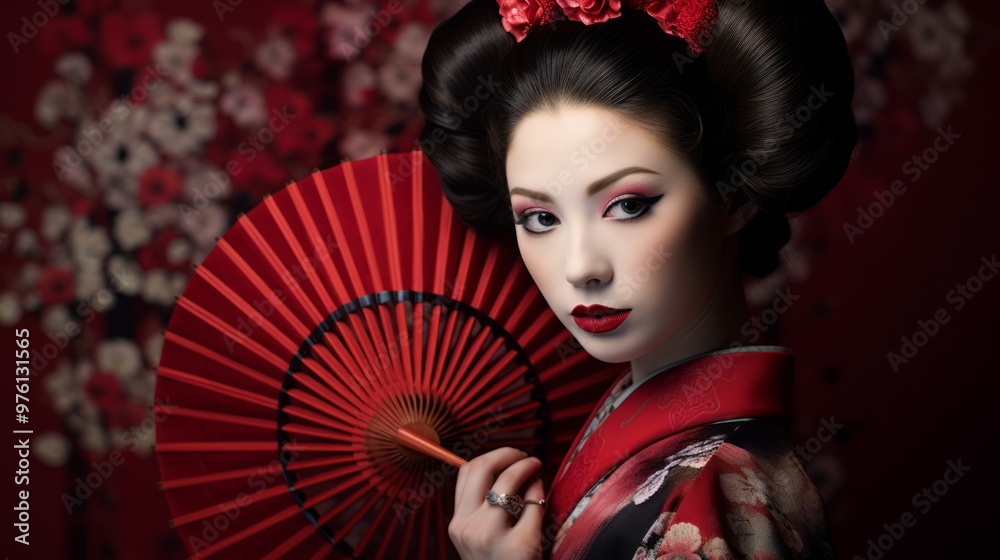 Photo of stunning adorable lady geisha dressed kimono sakura print. Neural network ai generated art Photo of stunning adorable lady geisha dressed kimono sakura print. Neural network ai generated art