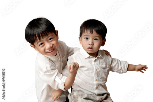 Happy young siblings posing together, showcasing brotherly love and joy, perfect for family-themed stock photos. transparent PNG white background.