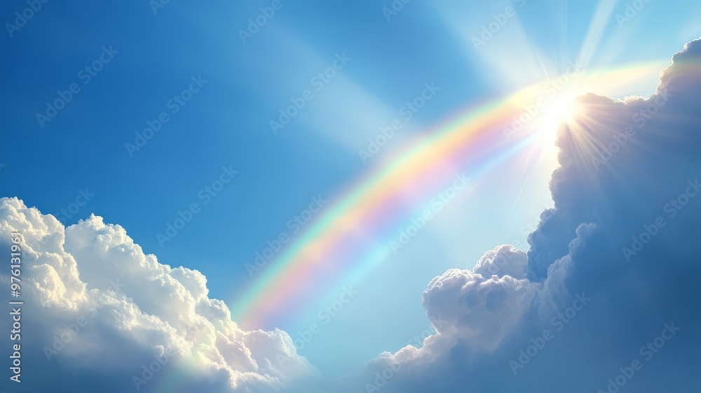 A majestic iridescent rainbow stretches across a bright blue sky, symbolizing hope, promise, and the beauty of nature. The sun shines brightly, casting rays of light through the clouds A majestic iridescent rainbow stretches across a bright blue sky, symbolizing hope, promise, and the beauty of nature. The sun shines brightly, casting rays of light through the clouds