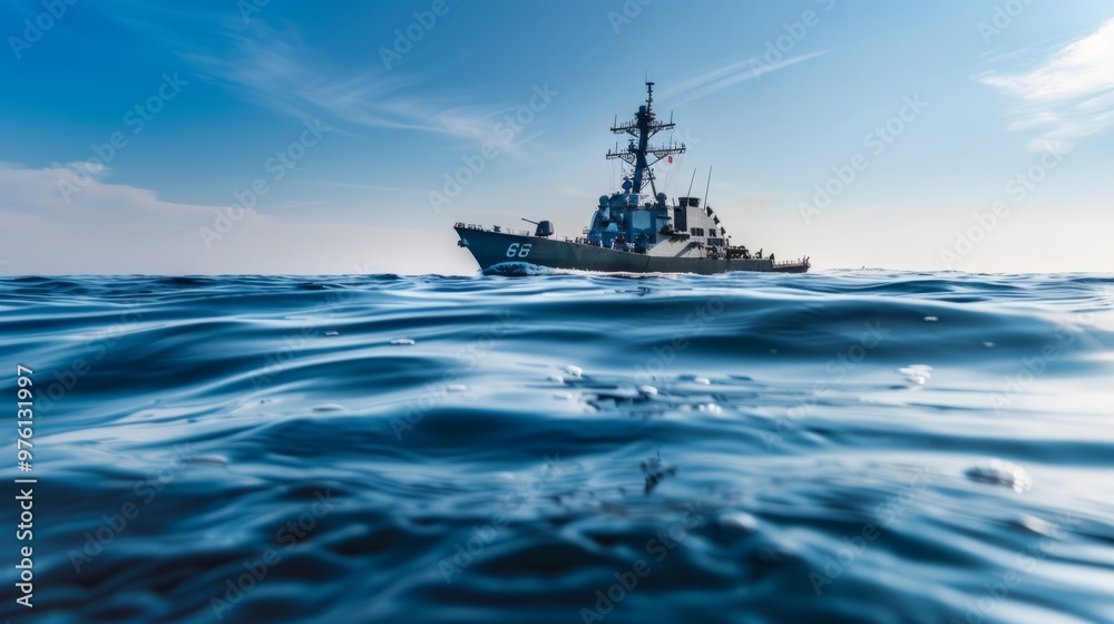 Naval ship cruising throughserene blue ocean underclear sky, showcasingmaritime strength andtranquility, central focus withslight background blur.