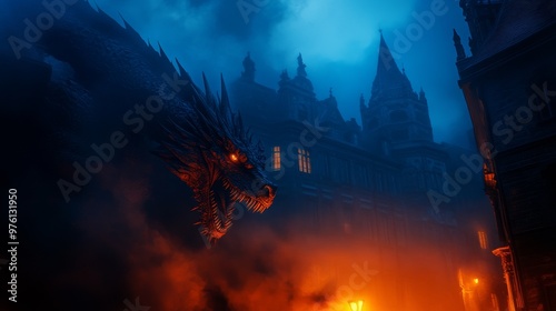 A majestic dragon emerges from the fog, casting a menacing shadow over a medieval town, symbolizing power, mystery, and the clash between nature and civilization.