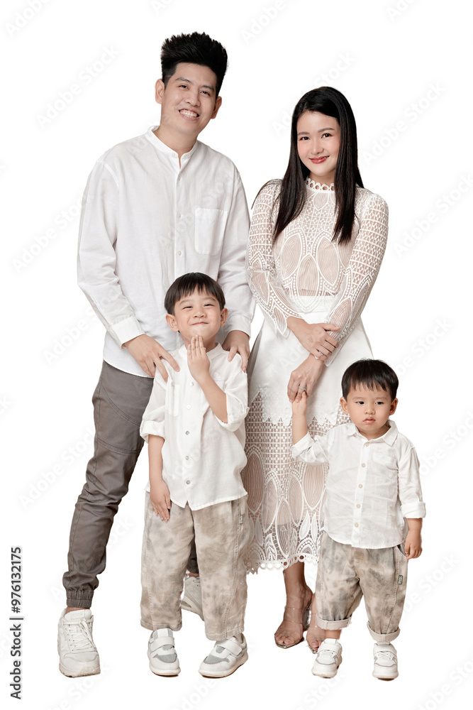 Happy Asian family portrait with parents and two children in casual attire, smiling and standing together against a white background. transparent PNG white background. Happy Asian family portrait with parents and two children in casual attire, smiling and standing together against a white background. transparent PNG white background.