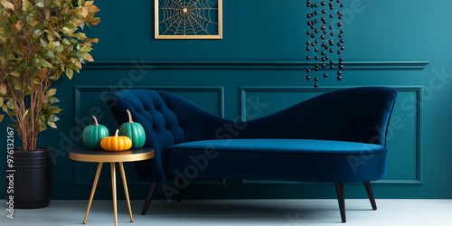 Unique wide blue velvet couch in teal luxury interior apartment, cute pumpkin furniture decoration photo