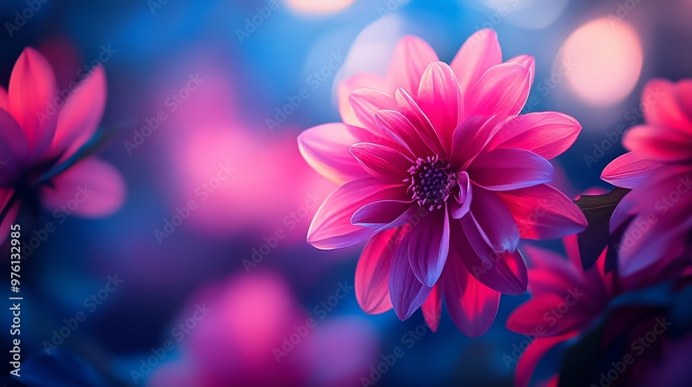 A single pink flower blooms in the soft light, its petals glowing with an ethereal beauty. The delicate flower is surrounded by a backdrop of blurred pink and blue hues A single pink flower blooms in the soft light, its petals glowing with an ethereal beauty. The delicate flower is surrounded by a backdrop of blurred pink and blue hues