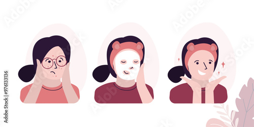 Skincare stages. Woman with acne and skin problems on face uses cosmetic mask. Cute girl and cosmetic products, cleansing face mask. Stop aging process.