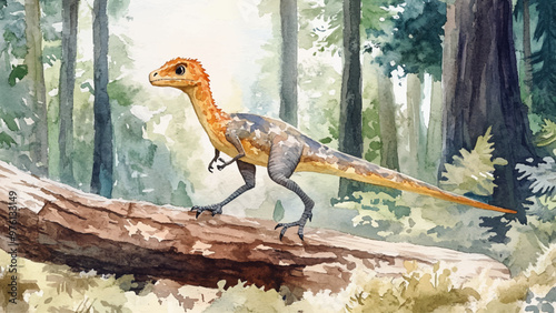 Dromaeosaur Walking Along Along Trunk Of Fallen Tree Watercolor Illustration For Childrens Book Adorable Character Colorful Scene Whimsical Kids Storybook Prehistoric Adventure