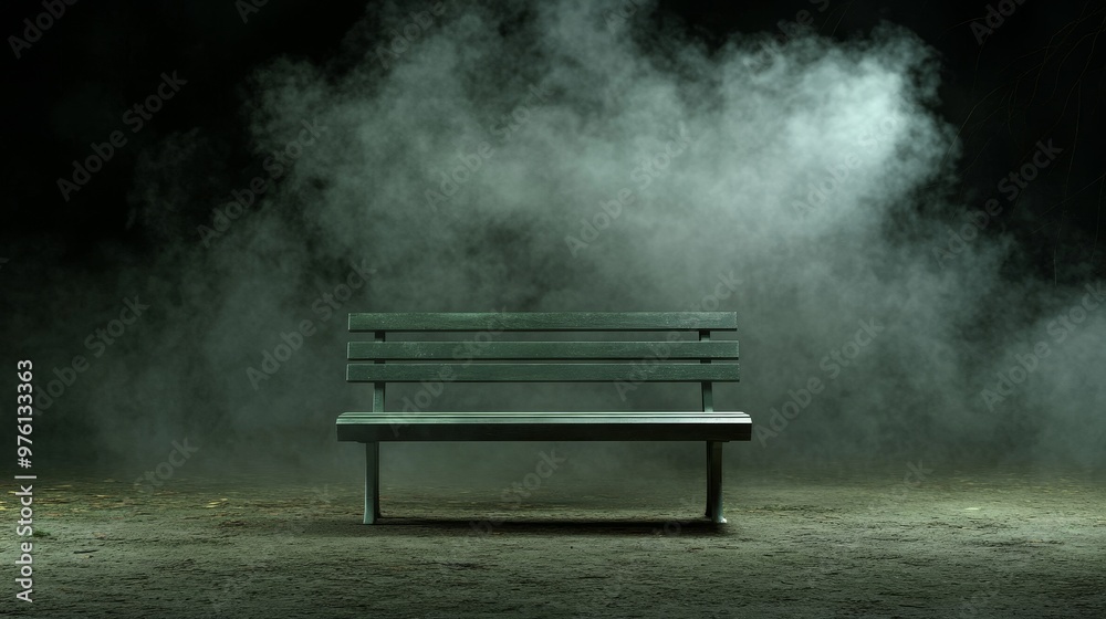 A solitary wooden bench stands in the middle of a mysterious smoky atmosphere, symbolizing solitude, contemplation, mystery, and the passage of time. A solitary wooden bench stands in the middle of a mysterious smoky atmosphere, symbolizing solitude, contemplation, mystery, and the passage of time.