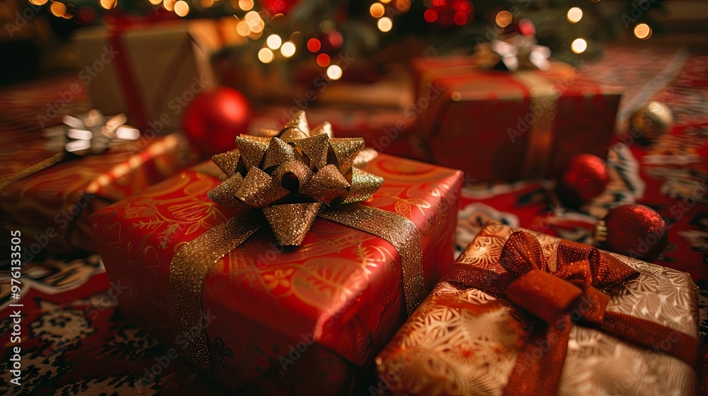 Red and Gold Wrapped Christmas Presents with a Golden Bow Red and Gold Wrapped Christmas Presents with a Golden Bow