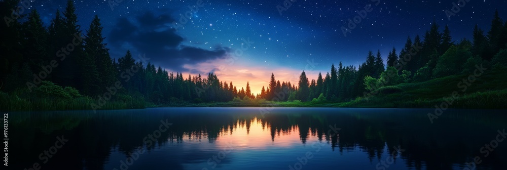 A tranquil still pond reflects a breathtaking starry sky, with a dense forest surrounding it, showcasing the beauty of nature's serenity, peace, and reflection. A tranquil still pond reflects a breathtaking starry sky, with a dense forest surrounding it, showcasing the beauty of nature's serenity, peace, and reflection.