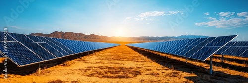 A vast solar farm in the desert, with rows of solar panels stretching out towards the horizon under a clear blue sky. This image symbolizes clean energy, sustainability, renewable energy photo