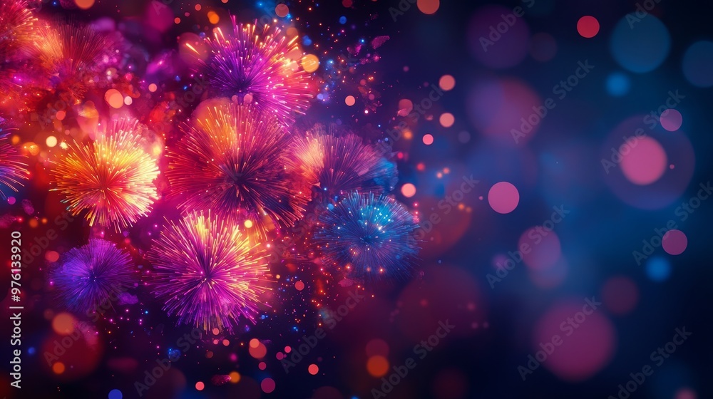 A vibrant illustration of fireworks bursting with light, creating abstract bokeh patterns against a dark blue background. Symbolizing celebration, joy, excitement, hope, and new beginnings. A vibrant illustration of fireworks bursting with light, creating abstract bokeh patterns against a dark blue background. Symbolizing celebration, joy, excitement, hope, and new beginnings.