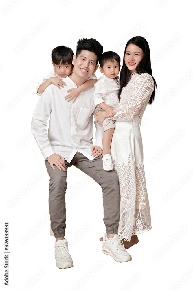 Happy Asian family of four posing together, smiling and wearing coordinated white outfits for a casual photoshoot. transparent PNG white background. Happy Asian family of four posing together, smiling and wearing coordinated white outfits for a casual photoshoot. transparent PNG white background.