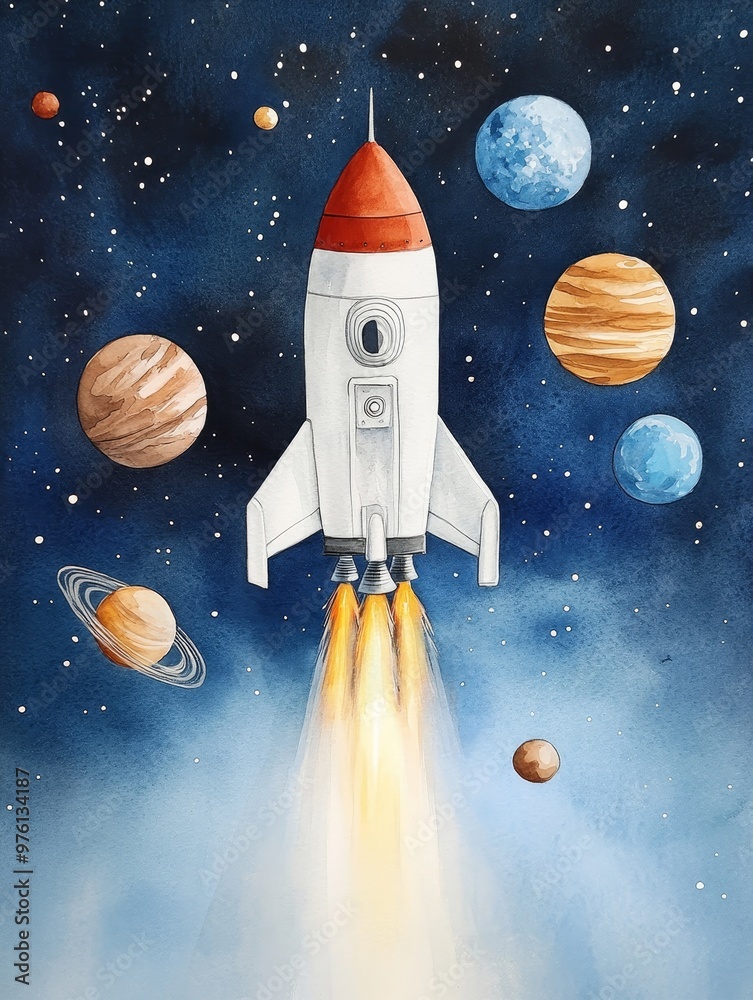 Naklejka premium A watercolor painting of a rocket launching into a galaxy filled with planets, symbolizing space exploration, adventure, dreams, imagination, and the unknown.
