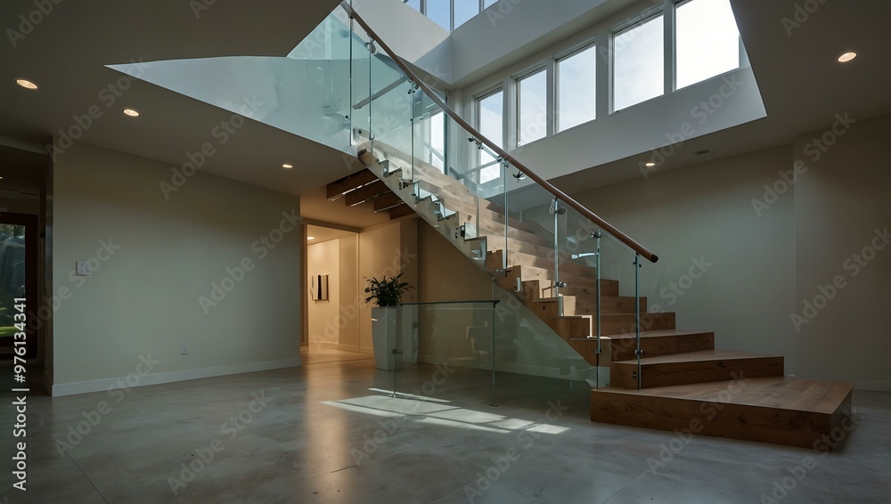 Modern stairwell with unique lines and light through glass skylights.