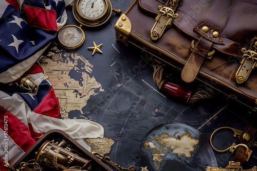 Vintage travel-themed composition featuring a globe, map, and various antique items. photo