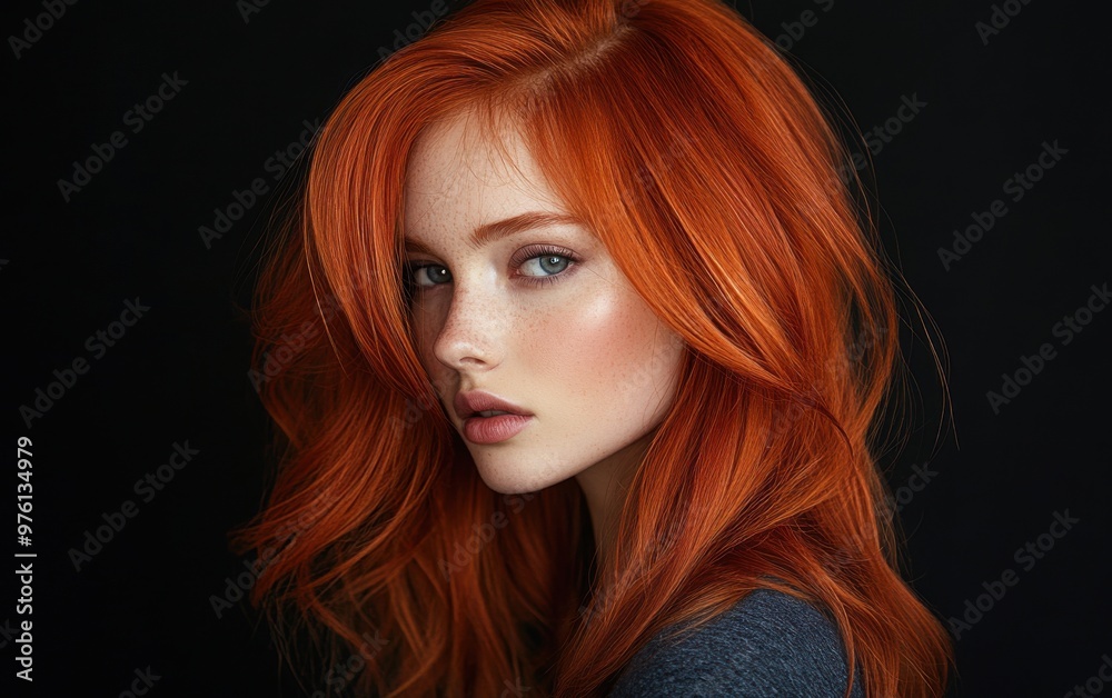 A woman with vibrant red hair poses against a dark background, showcasing her striking features and captivating expression