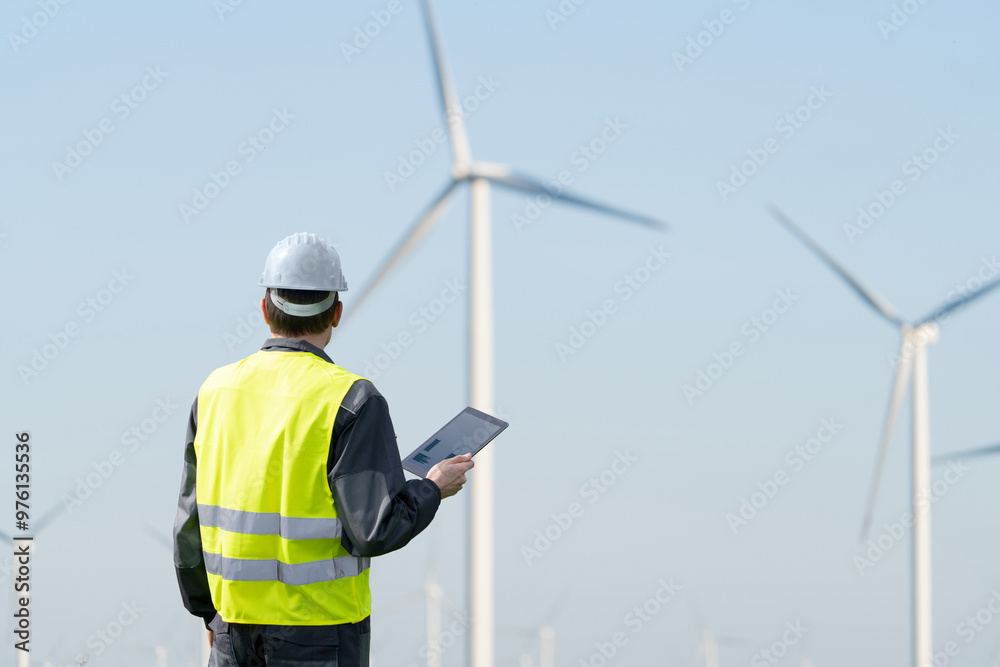 Engineer with digital tablet works on a field of wind turbines Engineer with digital tablet works on a field of wind turbines