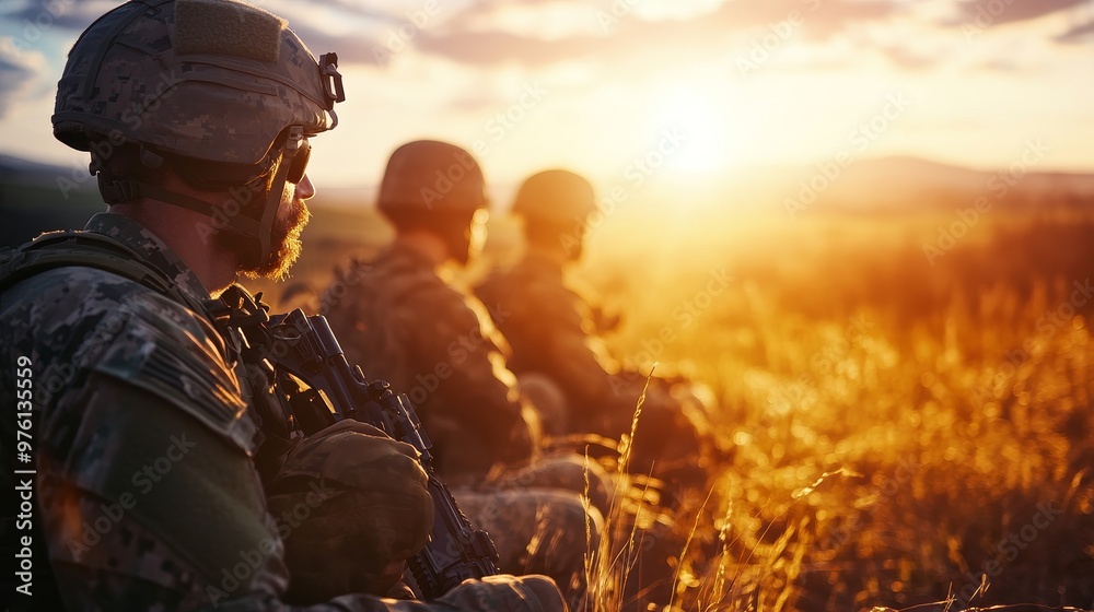 Military Personnel Planning a Mission at Sunset. A team of soldiers stand silhouetted against the setting sun, their faces etched with determination and focus. They are planning their next move