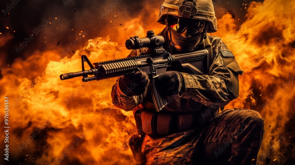 Special forces soldier in the fire on dark background. Neural network ai generated art Special forces soldier in the fire on dark background. Neural network ai generated art
