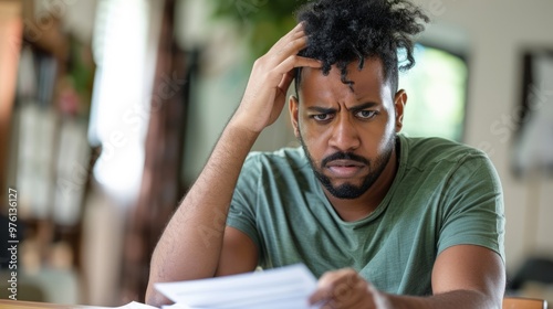 Man sitting at desk withconcerned expression, holdingstack of papers symbolizingfinancial stress and nationaldebt, emphasizing personaland economic challenges.