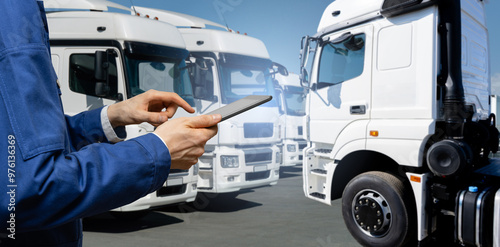 Fleet manager with digital tablet on a background of trucks 