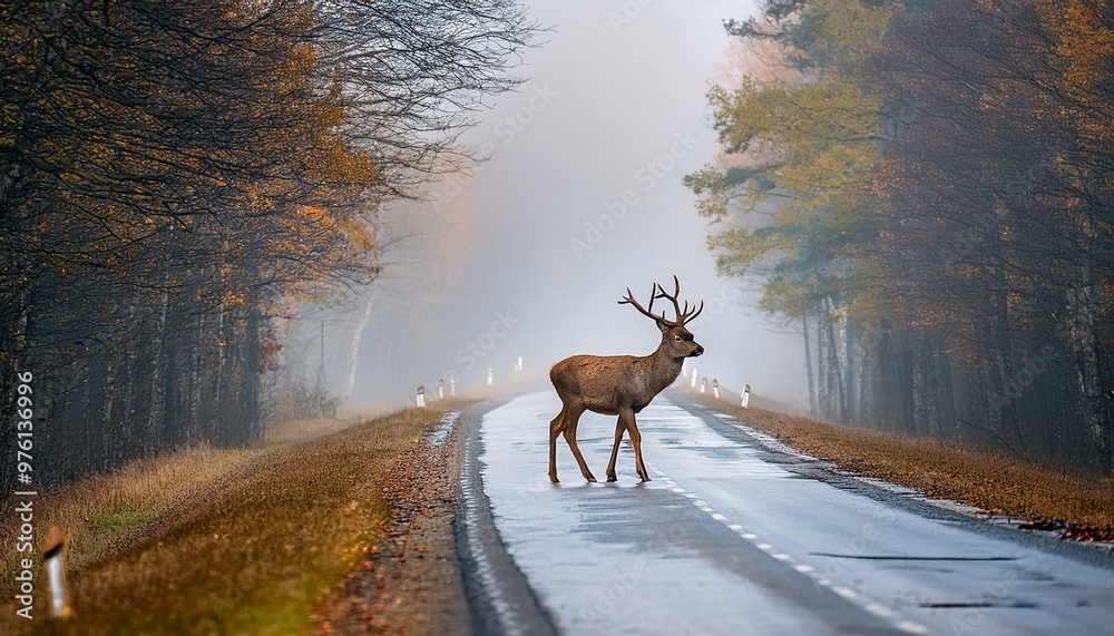 Deer walk across a road with fog and wet pavement in autumn Deer walk across a road with fog and wet pavement in autumn