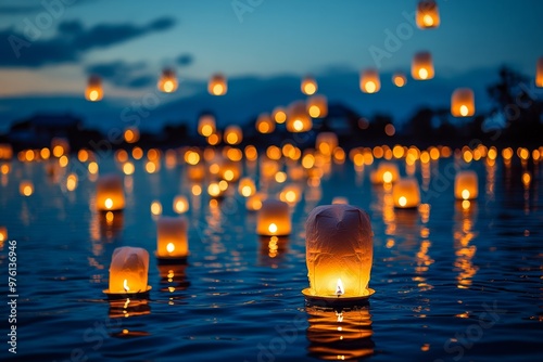 Magical Floating Lanterns Festival visualized in a nighttime festival scene, with thousands of glowing lanterns floating up into the night sky over a serene lake photo