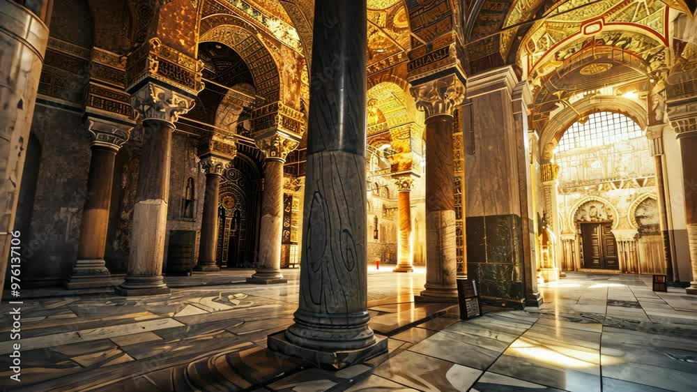 Exploring the stunning architectural details inside an ancient mosque during the golden hour Exploring the stunning architectural details inside an ancient mosque during the golden hour