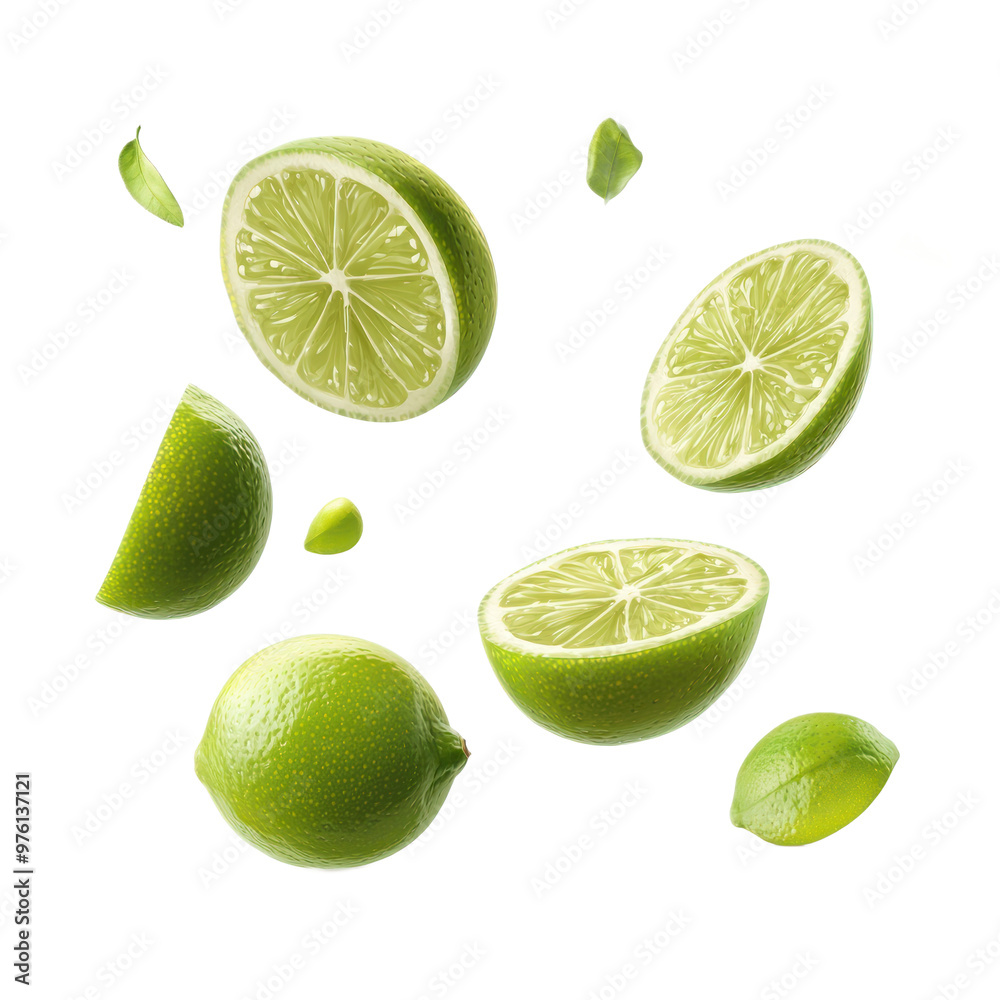 Set of whole Lime, half and slice falling in the air isolated on transparency background Set of whole Lime, half and slice falling in the air isolated on transparency background