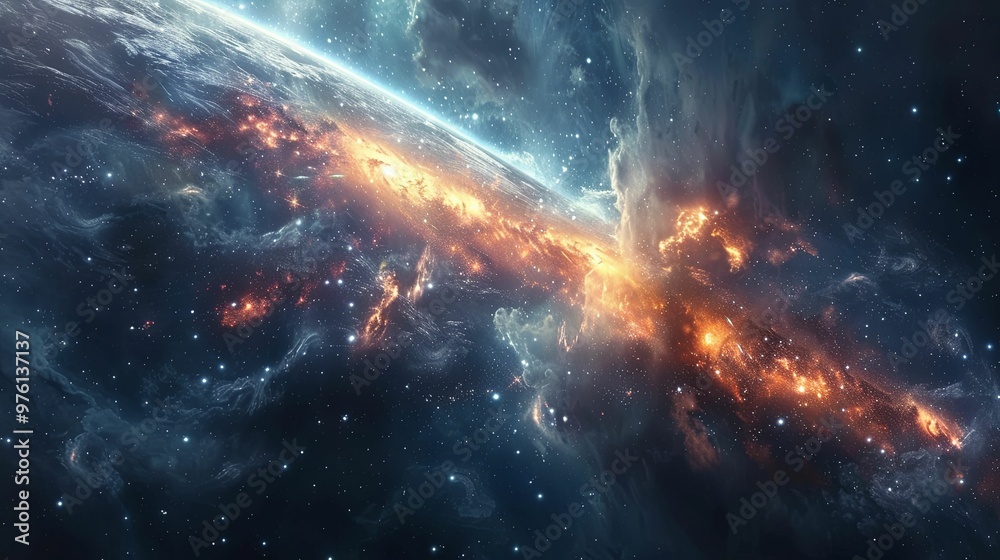 A celestial body, a fiery nebula, and a vast starry sky A celestial body, a fiery nebula, and a vast starry sky