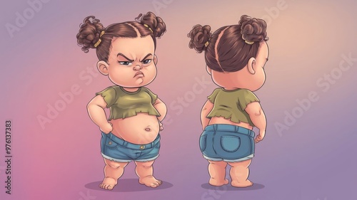 Cartoon of a little girl who is upset, feeling angry and hurt, standing with her feet on her hips, dissatisfied. photo