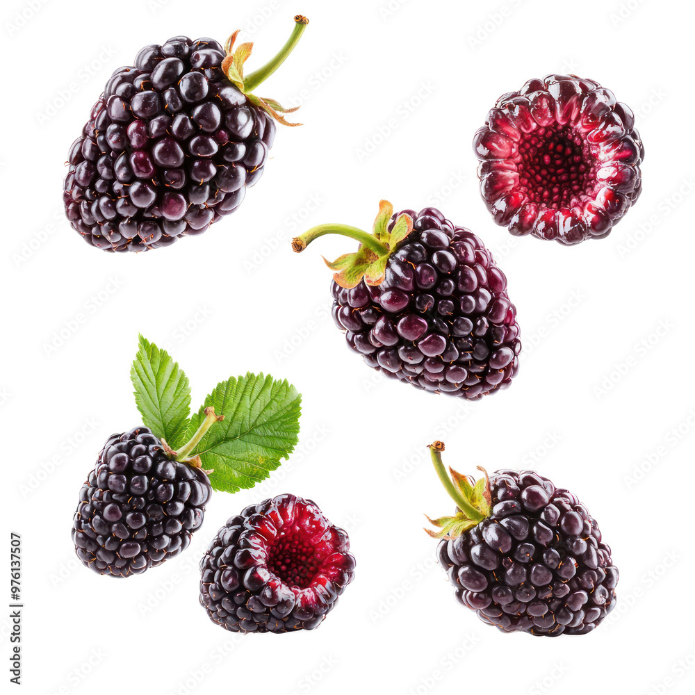 Set of whole Mulberry, half and slice falling in the air isolated on transparency background Set of whole Mulberry, half and slice falling in the air isolated on transparency background