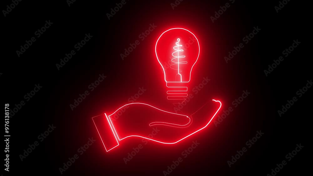 Neon electric bulb icon animation. Energy idea, Electric neon bulb icon, Open hand palm neon sign. Bright glowing symbol on a black background. Neon electric bulb icon animation. Energy idea, Electric neon bulb icon, Open hand palm neon sign. Bright glowing symbol on a black background.