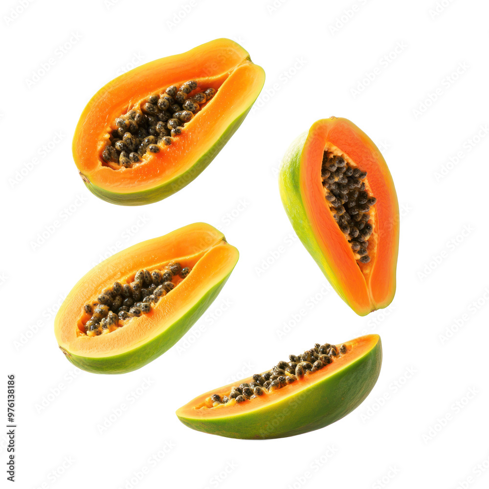 Set of whole Papaya, half and slice falling in the air isolated on transparency background Set of whole Papaya, half and slice falling in the air isolated on transparency background
