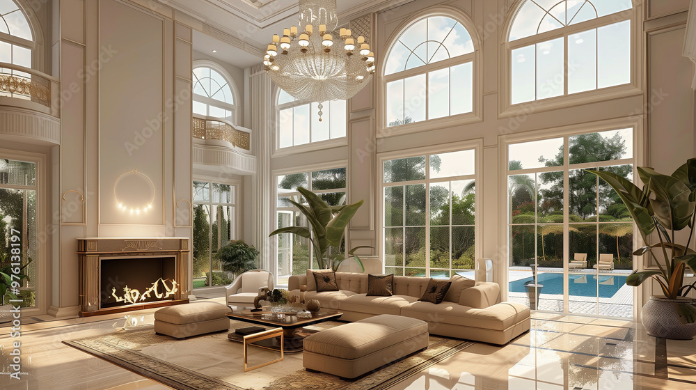 Fototapeta premium Luxury hotel living room with elegant furniture and a stunning view, featuring classic design elements like wooden floors, soft lighting, and a cozy, stylish ambiance