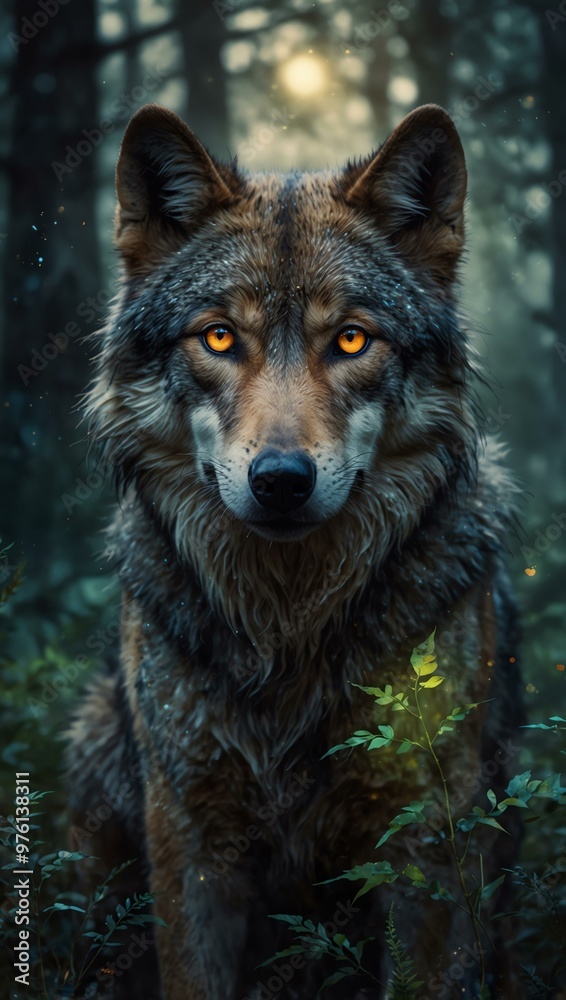 Mystic wolf with glowing eyes in a magical forest, watercolor style Mystic wolf with glowing eyes in a magical forest, watercolor style