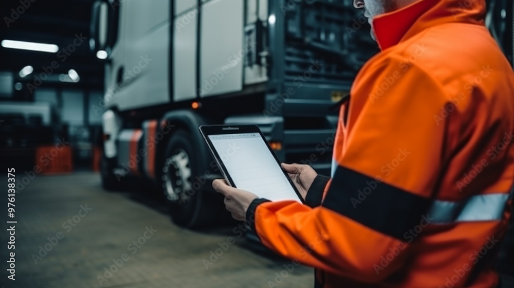 Serviceman with digital tablet on the background of the truck in the garage. Neural network ai generated art Serviceman with digital tablet on the background of the truck in the garage. Neural network ai generated art