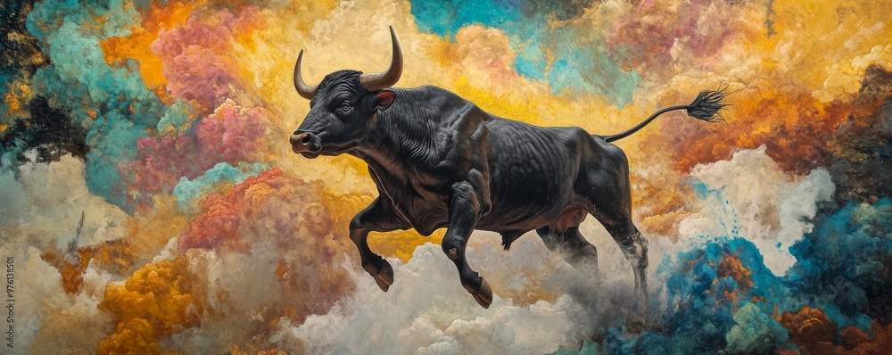 Powerful black bull jumping over colorful abstract clouds Powerful black bull jumping over colorful abstract clouds